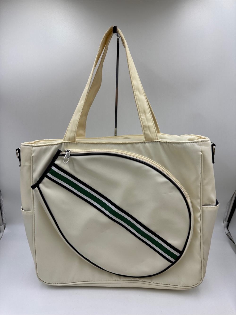 Cream Tote Bag with Green Stripe Accent